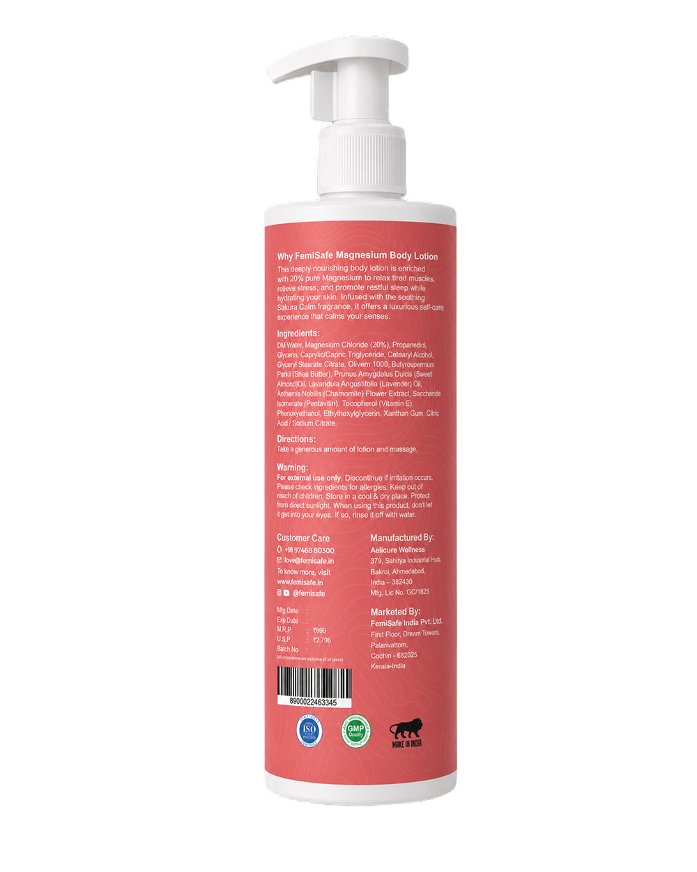Back label of FemiSafe Magnesium Sleep Body Lotion