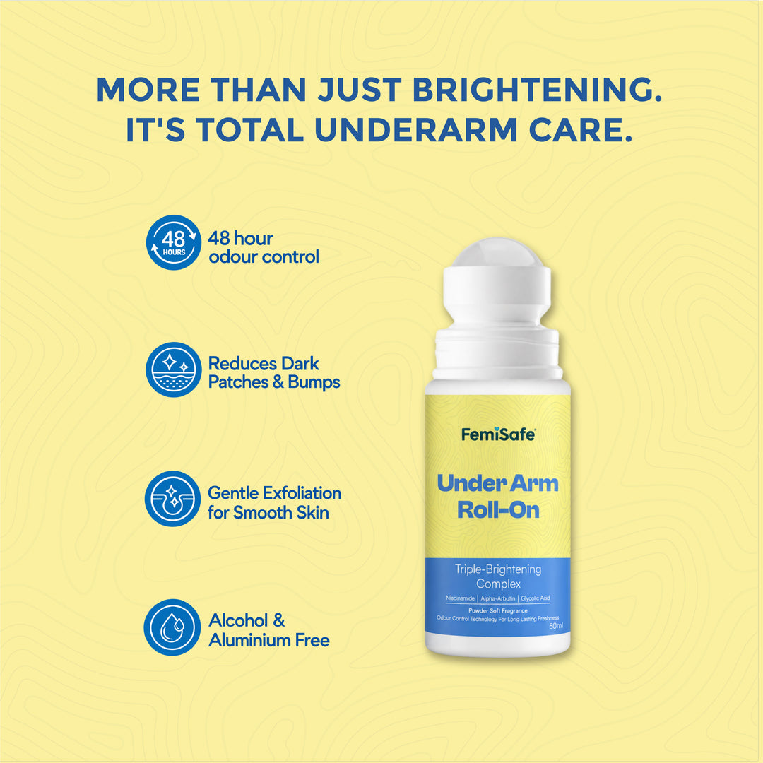 FemiSafe Underarm Roll-On with Alpha Arbutin & Niacinamide | Odour Control & Brightening Care | Aluminum-Free | 50 ml